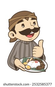 Personaje masculino que lleva la ropa tradicional javanesa en estilo de dibujos animados que sostiene la comida mascota linda del Vector