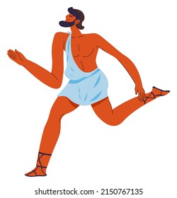 Male character wearing light clothes jogging or running, isolated athlete practicing sports. Roman or Greek personage, sportive man in sandals. Messenger commuting fast. Vector in flat style