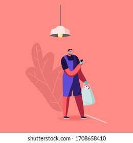 Male Character Wearing Medical Mask and Disposable Gloves Stand in Grocery Queue with Shopping Bag and Smartphone. Customer Buying Products at Covid19 Pandemic Quarantine. Cartoon Vector Illustration