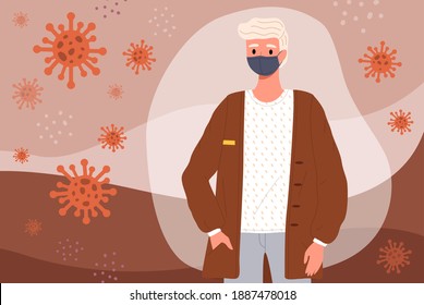Male character is wearing a protective mask. Blond-haired man in a jacket is posing. Young guy in medical mask on the background of coronaviruses and bacterias, quarantine period vector illustration