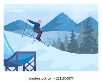 Male Character Wearing Ski Jumping From A Trampoline. Skier Performing A Stunt. Ski Resort Track With A Ski Lift. Winter Extreme Sport Activities. Flat Vector Illustration