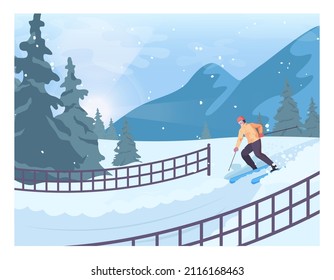 Male character wearing ski sliding down an equipped track with barriers. Cross country ski competition. Winter outdoor activity. Flat vector illustration