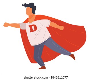 Personaje masculino con capa superhéroe, disfraz de carnaval para fiestas o celebración. Hombre superhéroe, personaje poderoso superhombre con fuerza, juego de acción o imaginación, vector de estilo plano