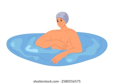 Male character wearing swimsuit and cap swimming in pool. Vector isolated man in public pool, exercising and training, working out and resting. Physical activity and rest, daily routine of personage