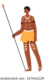 Male character wearing traditional aboriginal or tribal clothes of African countries holding spear for hunting. Man with ornaments on skin leading everyday life in Africa. Vector in flat style