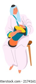 Male character wearing traditional clothes of Arabic countries playing drums. Performer or entertainer, a talented musician with musical instrument on stage, man singer. Vector in flat style