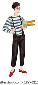 Male character wearing traditional french clothes, man in pants and beret holding baguettes. European fashion and modern apparel for boys. Stylized apparel. Vector in flat style illustration