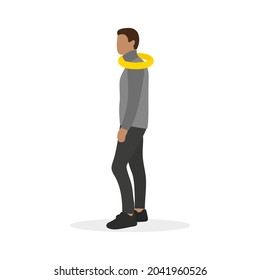 Male character with a wedding ring around his neck stands on a white background