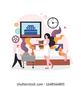 Male character in white apron serving food in guest room, vector illustration. Hotel room service concept for web banner, website page etc.