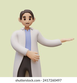 Male character in white coat is showing something. Doctor demonstrates by pointing with his hand. Mockup of presentation of goods, medicines. Advertising layout