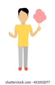 Male character without face with cotton candy vector in flat design. Man template personage illustration for summer concepts, mobile app pictogram, logos, infographic. Isolated on white background.