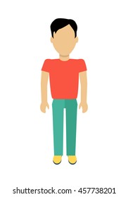 Male character without face in red t-shirt vector in flat design. Man template personage figure illustration for concepts, mobile app pictogram, logos, infographic. Isolated on white background.