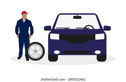 Male character in work overalls with a car wheel stands next to a car on a white background