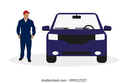 Male character in work overalls stands near a blue car on a white background