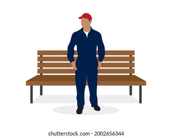 Male character in work overalls stands near a wooden bench on a white background