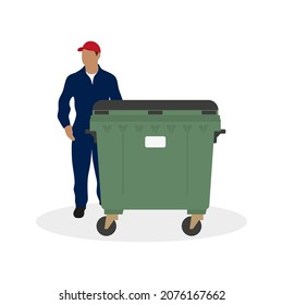 Male character in work overalls stands near a trash can on a white background