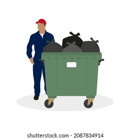 Male character in work overalls stands near a full trash can on a white background