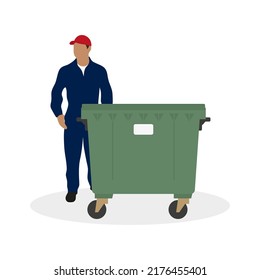 Male character in work overalls stands near a trash can on a white background