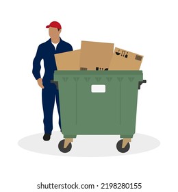 Male character in work overalls stands near a full trash can on a white background