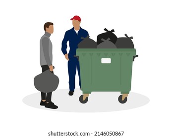 Male character in work overalls and a male character with a trash bag in his hand stand near a full trash can on a white background