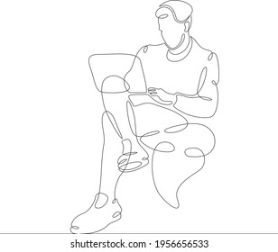 Male character at the work table in the office. Workplace laptop designer programmer manager. One continuous drawing line  logo single hand drawn art doodle isolated minimal illustration.