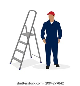 Male character in work uniform stands near a stepladder on a white background
