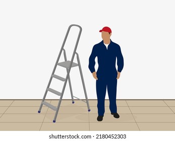 Male character in work uniform stands near a stepladder indoors