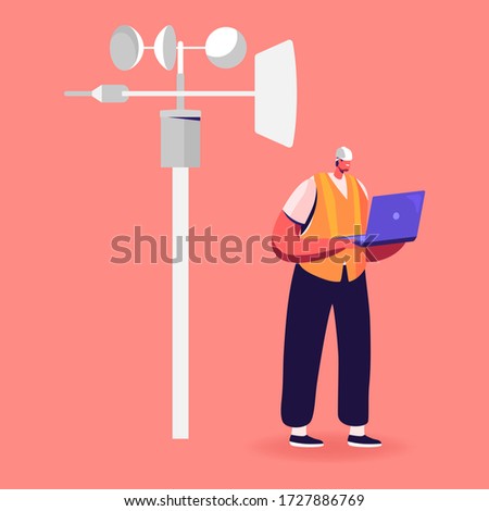 Male Character in Worker Robe and Hardhat Hold Laptop Learning Meteorological Indicators at Meteo Station. Meteorology Science, Modern Technologies for Weather Forecast. Cartoon Vector Illustration