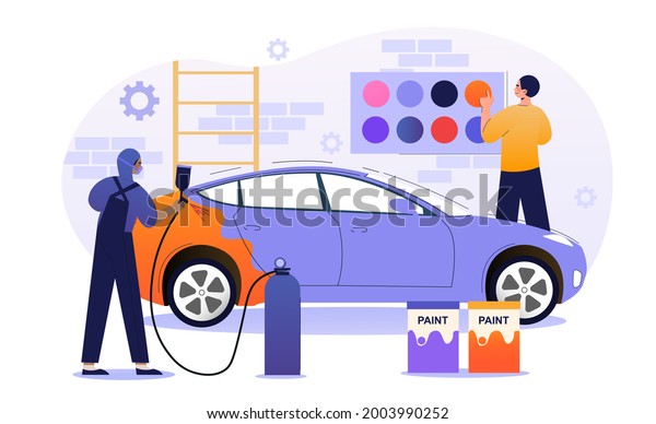 Male character is working in car painting\
service. Male painter working with sprayer equipment. Man in mask\
painting auto body in color chosen by driver, car workshop. Flat\
cartoon vector\
illustration