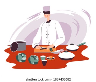 Male Character Working As Chef In Restaurant Or Diner, Bistro Or Pizza House. Man Cutting Vegetables, Table With Ingredients And Kitchenware For Preparing Tasty Food. Meal Prep Vector In Flat