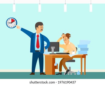 Male character working at computer and doing paperwork to finish task. Boss urges employee to complete assignment defore deadline. Angry director with subordinate work to deal with deadline