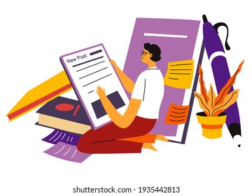 Male character working as copywriter surrounded by books and notebooks. Man freelancer editing texts and articles. Student studying from home using gadgets and browsing. Vector in flat style - Shutterstock ID 1935442813