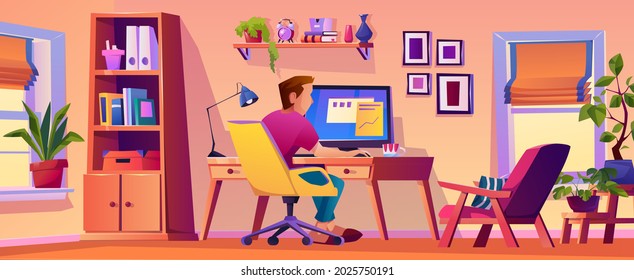 Male character working from home, freelancer or distant worker. Man sitting by computer, living room or personal office with supplies and plant decoration. Flat style cartoon character, vector