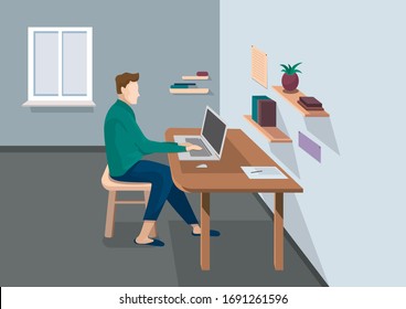 Male character working at home. Illustration of remote work in cartoon style.
