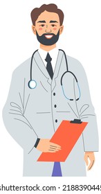 Male character working in hospital or clinics, isolated doctor with stethoscope and notebook with results of patients analysis. Lab scientist, surgeon or general practitioner. Vector in flat style