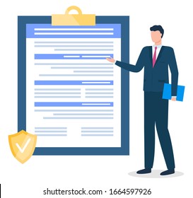 Male character working in insurance company pointing on contract or agreement on clipboard. Businessman presenting paper document for conclusion of deal. Business development vector in flat style
