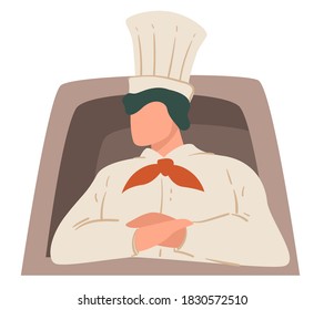 Male character working in kitchen or restaurant, cafe or bistro. Chef wearing hat and decorative red ribbon. Person busy at work, preparation of food for clients at pizzeria, vector in flat style