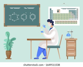 Male character working in laboratory. Chemical experiment in lab. Scientist with substances and flasks. Pharmacist student or doctoral. Researcher in clinics. Lesson in university vector in flat