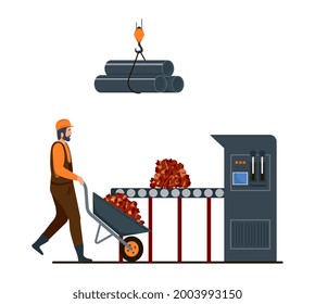 Male character is working in metallurgy industry. Concept of resource mining, smelting of metal in big foundry, hot steel pouring in steel plant. Metallurgy process. Flat cartoon vector illustration