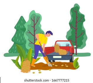 Male Character Working On Farm, Farming Man Digging Out Potato. Transportation Of Harvested Vegetables Put In Bags. Agriculture Seasonal Work On Field, Person With Spade In Yard, Vector In Flat