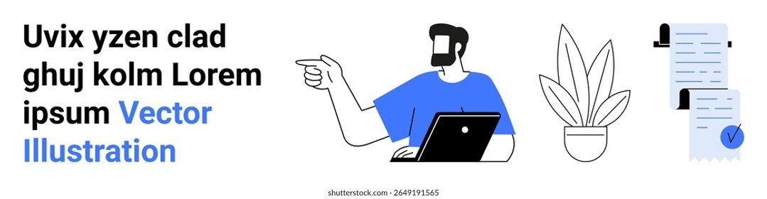 Personagem masculino trabalhando em um laptop, apontando para o lado. Elementos adicionais incluem uma planta em vaso e documentos de suspensão. Ideal para trabalho remoto, produtividade, vida no escritório, freelancer, negócios