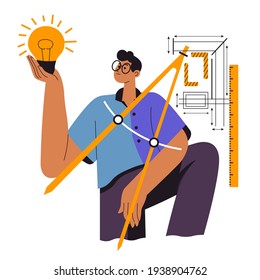 Male character working on new device in laboratory. Man with idea for project or business. Man holding glowing lamp standing by measuring equipment. Science and discovery. Vector in flat style