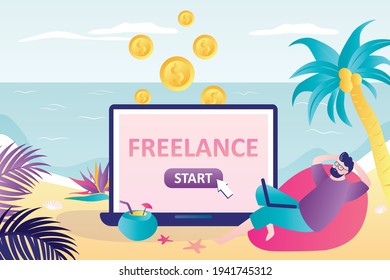 Male character working remotely while on vacation. Businessman relaxes and works at beach. Start freelancing on laptop screen. Distant work and business. Seashore landscape. Trendy vector illustration