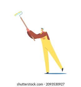 Male Character in Working Robe Painting Walls with Roller Isolated on White Background. Painter, Handyman Making Home Renovation, Interior Design, Room Remodeling Cartoon People Vector Illustration