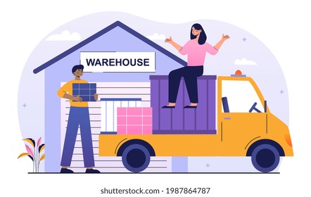 Male character is working in specialized customer service. Concept of consumer service sector of the economy. Specialized service. Storages and warehouses industry. Flat cartoon vector illustration