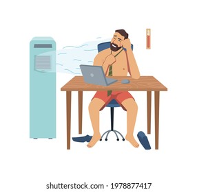 Male character working in summer heat office room, undressed man personage using portable air conditioner to cool down. Uncomfortable workplace for concentration. Vector in flat cartoon style