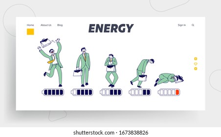 Male Character Working Week or Day Landing Page Template. Businessman Energy Level Timeline from Happy Active Position to Exhausted Man Sleeping with Low Battery Charge. Linear Vector Illustration