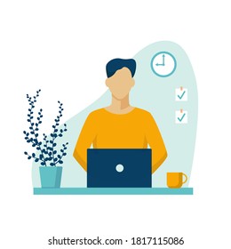 Male character works at home using laptop. Freelancer fulfills an urgent order at home designer on sick leave finishes project for delivery comfortable rest and vector work.