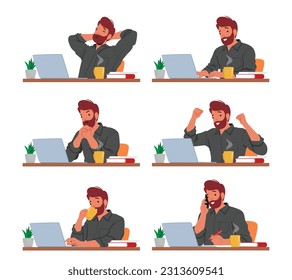 El Personaje Masculino Funciona En Su Laptop Con Varias Emociones. Hombre Mostrando Foco, Frustración, Alegría, Determinación Y Contemplación A Lo Largo De Sus Tareas. Ilustración de vectores de personas de caricatura