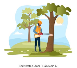 Male character in workwear cutting tree with a chainsaw. Man in uniform is making deforestation with a chainsaw in the woods on a hot summer day. Flat cartoon vector illustration